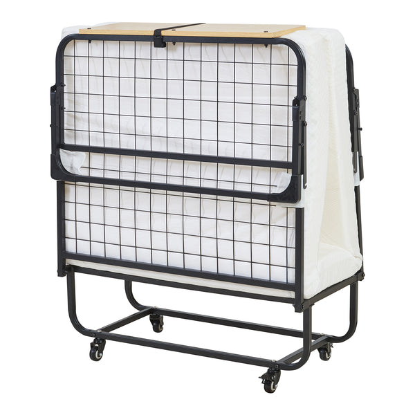 Lit pliant en métal Lustendi avec matelas 200x90cm Noir/effet chêne [en.casa]