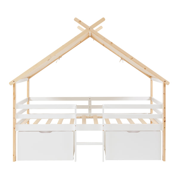Lit maison Surnadal avec matelas 90x200 cm Bois de pin Blanc/Nature [en.casa]