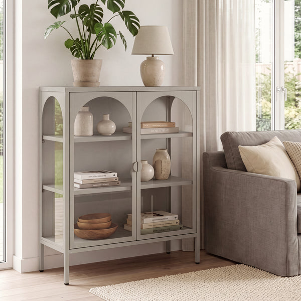 Buffet haut Klippestad acier verre trempé 95 x 80 x 35 cm camel [en.casa]