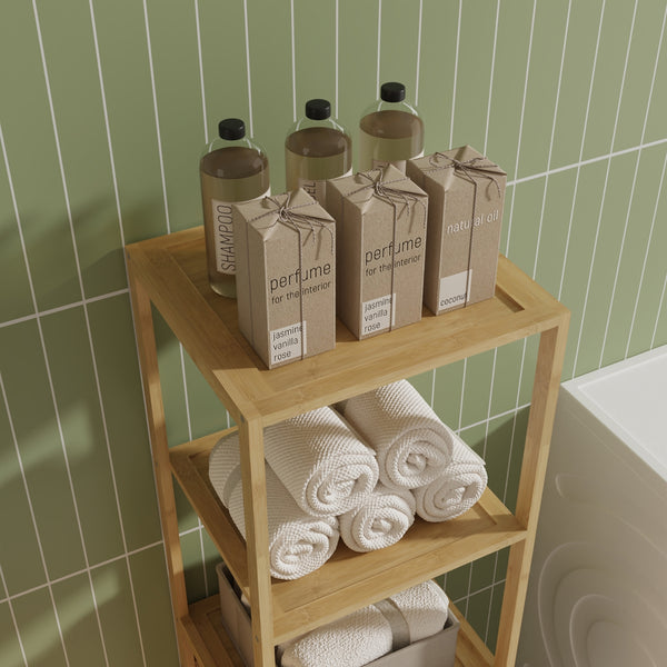 Étagère de salle de bain avec panier à linge Anun 130 x 36 x 33 cm bambou effet bois [en.casa]