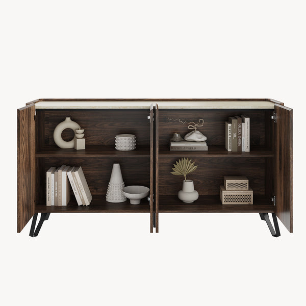 Buffet Trorlon 160x40x83 cm aspect noyer/travertin [en.casa]