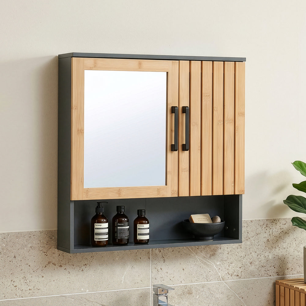 Armoire murale de salle de bain avec miroir Svanes 58 x 56 x 13 cm gris foncé naturel [en.casa]