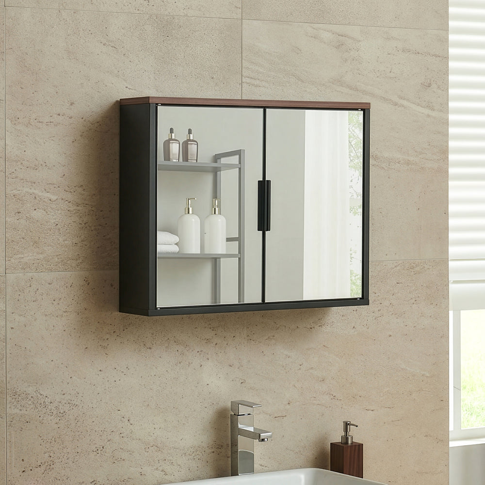 Armoire murale de salle de bain avec miroir Trond 50 x 60 x 15 cm noir effet noyer [en.casa]