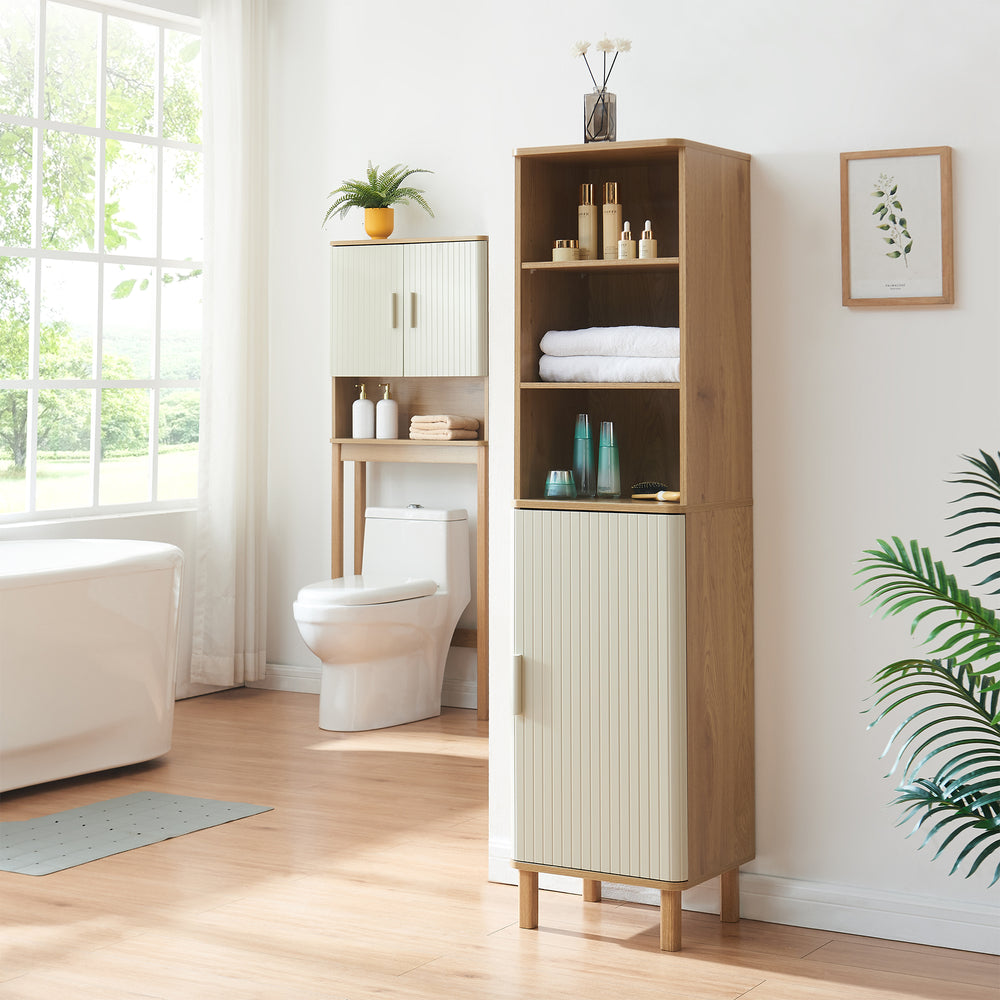 Armoire haute Ferrersp 160x42x35 cm aspect chêne / couleur sable [en.casa]