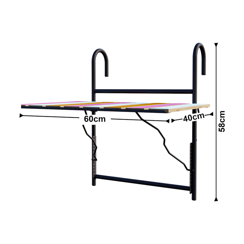 Croquis coté Table de balcon rabattable Petäjävesi métal bois de pin 60 x 40 x 58 cm [en.casa]