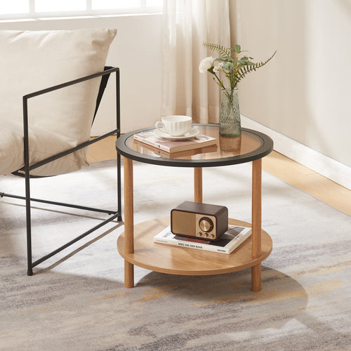 Beistelltisch Latama mit Glasplatte Ø51x45 cm Natur/Schwarz/Bronzeglas [en.casa] - premiumXL