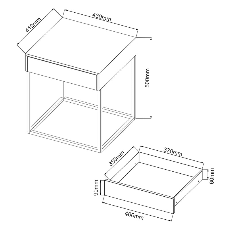 Croquis coté Table d'appoint Rautjärvi avec tiroir acier 50 x 43 x 41 cm [en.casa]