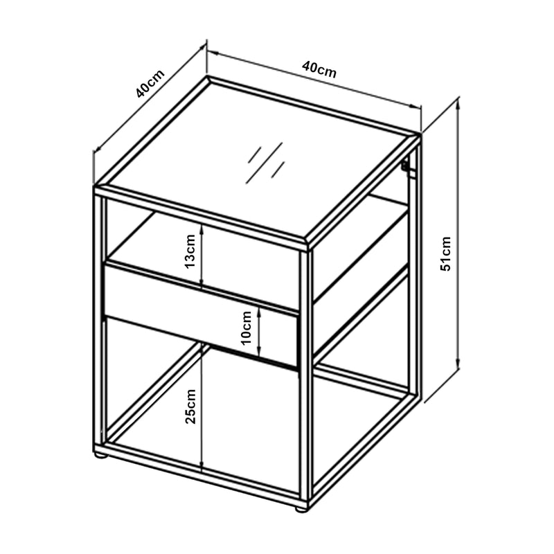 Croquis coté Table d'appoint Vissenbjerg acier verre trempé 51 x 40 x 40 cm [en.casa]