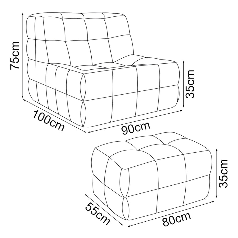 Croquis coté Fauteuil de sol Koskyvn avec repose-pieds 75 x 90 x 100 cm [en.casa]
