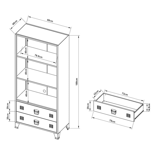 Bibliothèque haute Hammarland avec 2 tiroirs acier 180 x 80 x 40 cm [en.casa]