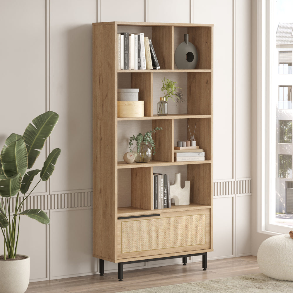 Bücherregal Kvænangen 176x84x30 cm Eichenoptik/Rattanoptik [en.casa] - premiumXL