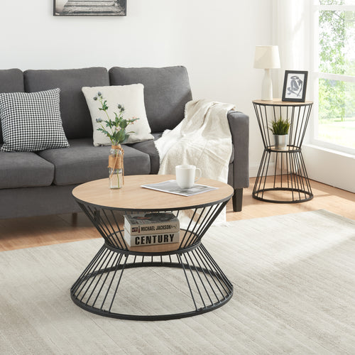 Table basse Fossbergom avec plateau rond et étagère métal MDF 42 x 70 cm noir effet chêne [en.casa]