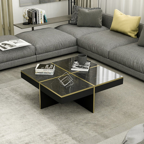 Table basse carrée Fjerritslev 35 x 90 x 90 cm marbre noir / laiton [en.casa]