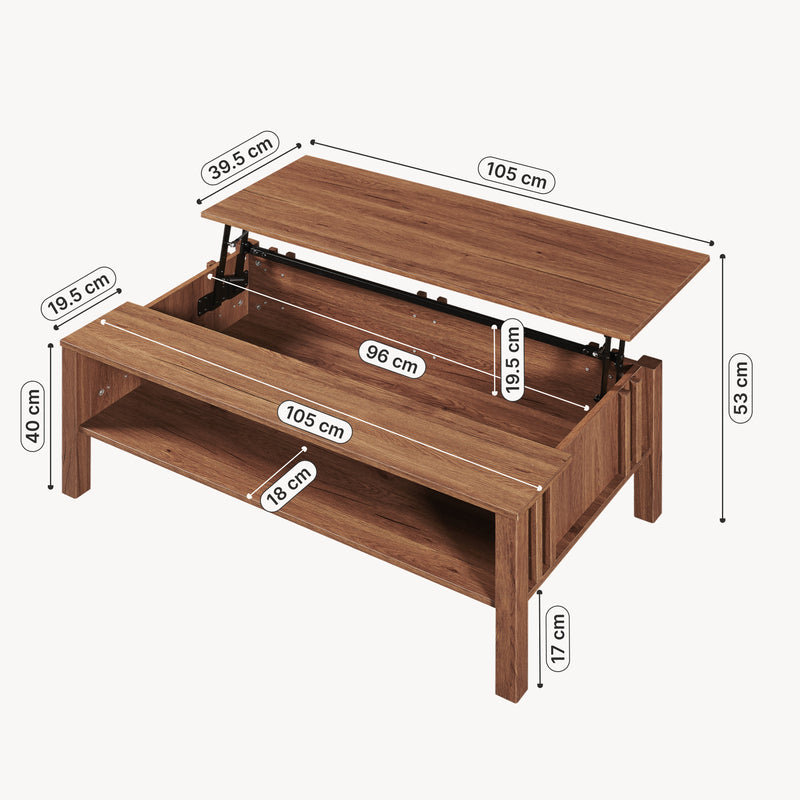 Croquis coté Table basse relevable Kilmandar 105 x 59 x 40/53 cm effet noyer [en.casa]