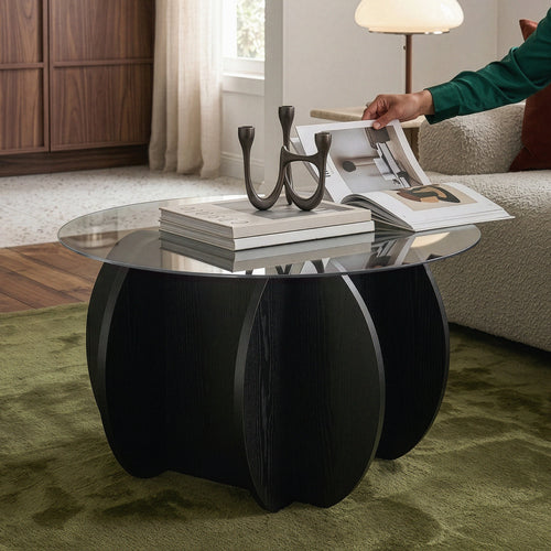 Table basse Karhuvandi avec plateau en verre Ø70x40 cm Noir/Gris [en.casa]