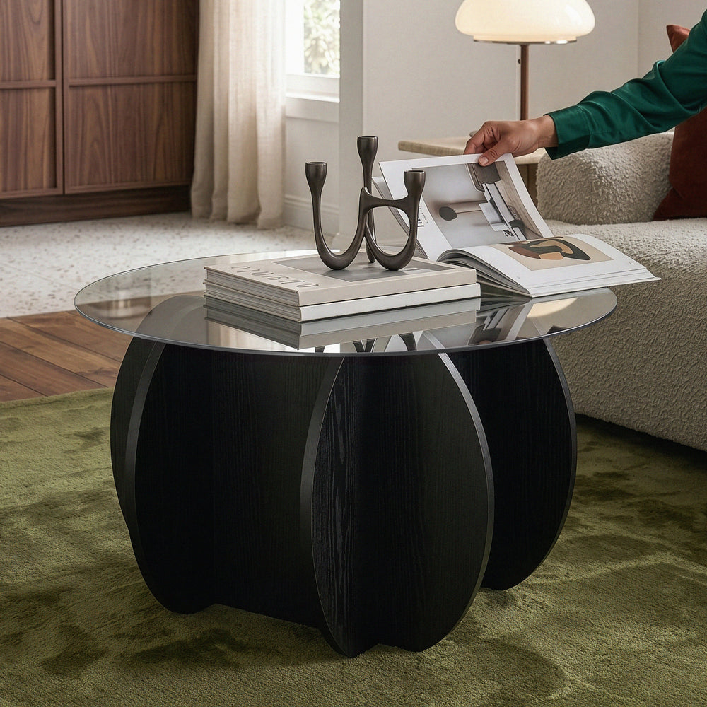 Table basse Karhuvandi avec plateau en verre Ø70x40 cm Noir/Gris [en.casa]