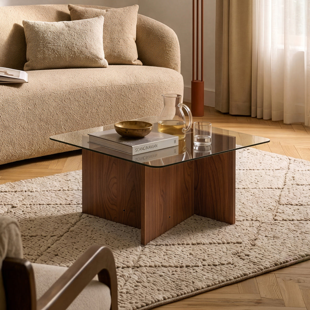 Table basse Benexjö avec plateau en verre 70 x 70 x 36 cm effet noyer / gris [en.casa]