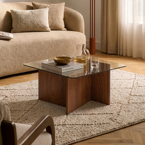 Table basse Benexjö avec plateau en verre 70 x 70 x 36 cm effet noyer / gris [en.casa]