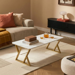 Table basse Nolu 120 x 60 x 46 cm doré / effet marbre, blanc [en.casa]