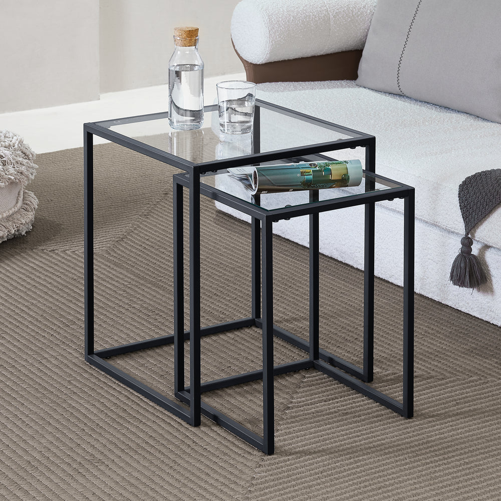 Lot de 2 tables d'appoint Holstebro gigognes en verre et métal transparent / noir [en.casa]
