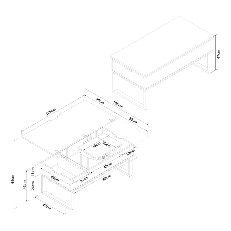 Croquis coté Table basse Rauli avec surface relevable et rabattable [en.casa]