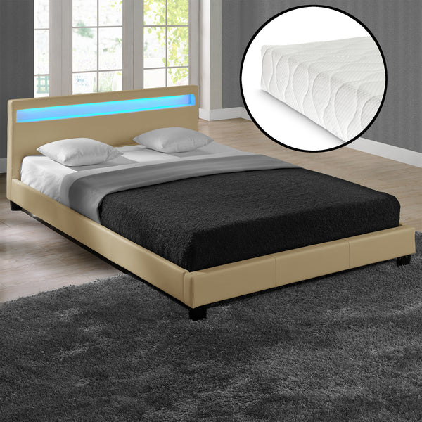 Corium Lit capitonné à LED Corium (Paris) avec matelas (140 | 160 | 180 | 200 x200cm)(7 Couleurs)(mousse froide) - avec cuir synthétique / housse  cuir synthétique / éclairage RVB / avec sommier à lattes /