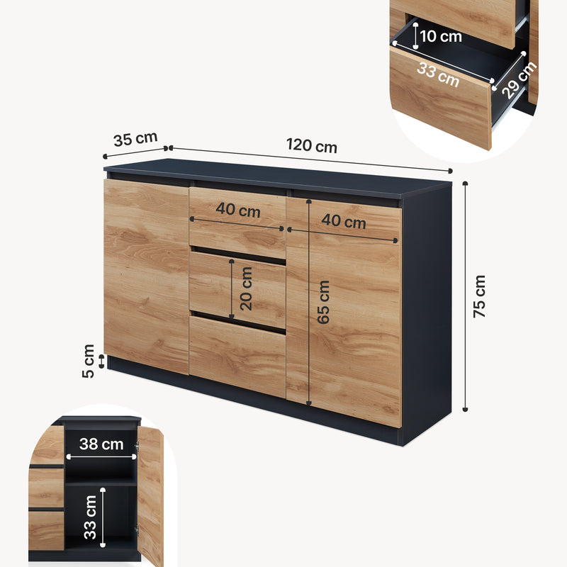 Croquis coté Buffet Kyr chêne rustique / noir [en.casa]