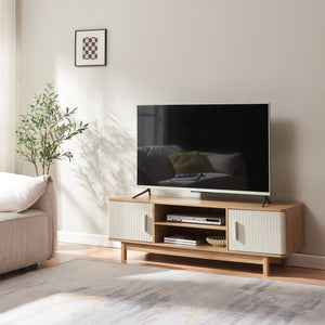 Meuble TV Ferrersp avec 2 portes 140x40x45 cm aspect chêne / couleur sable [en.casa]