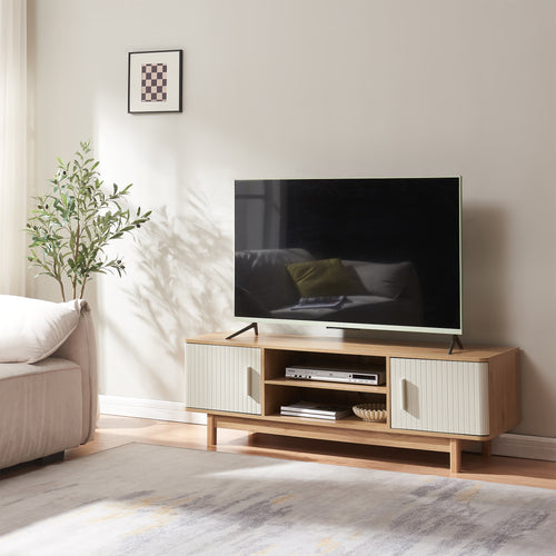 Meuble TV Ferrersp avec 2 portes 140x40x45 cm aspect chêne / couleur sable [en.casa]