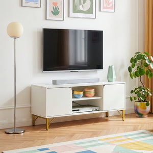 Meuble TV Reyri 120 x 39 x 52 cm blanc doré [en.casa]