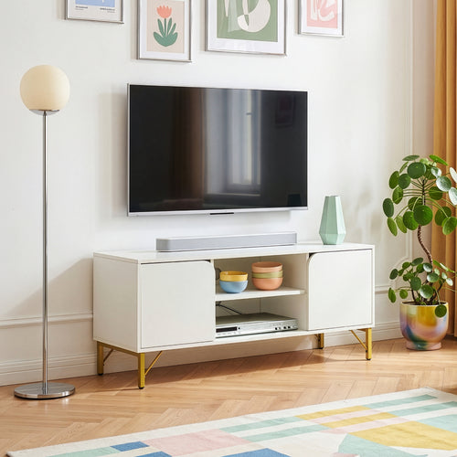 Meuble TV Reyri 120 x 39 x 52 cm blanc doré [en.casa]