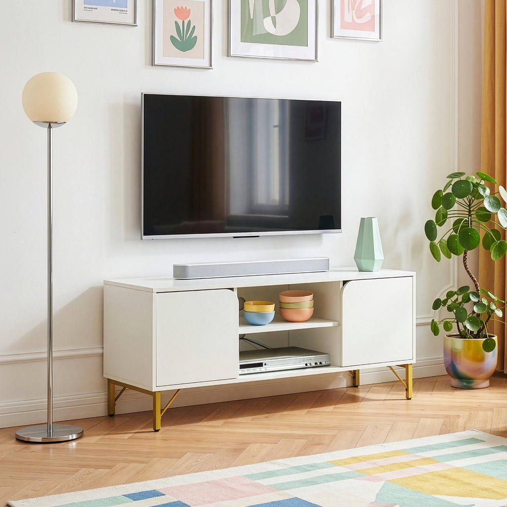 Meuble TV Reyri 120 x 39 x 52 cm blanc doré [en.casa]