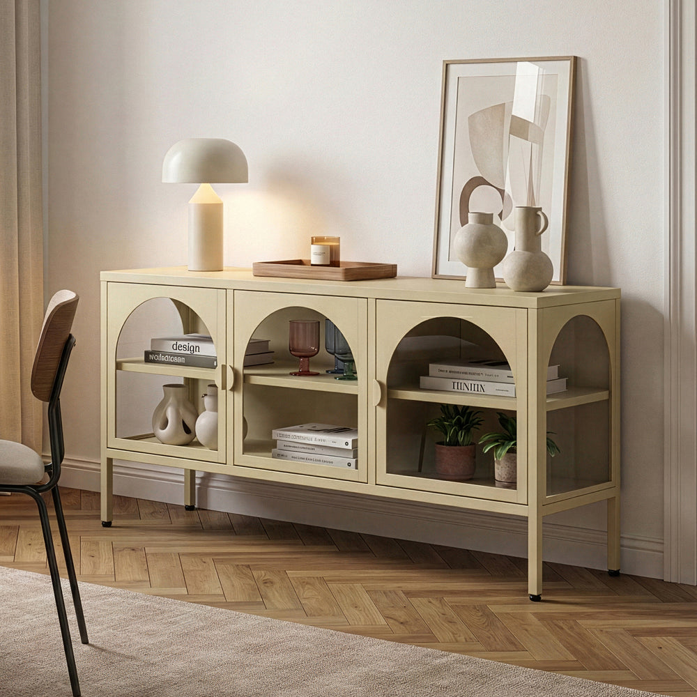 Buffet vitrine Klippestad acier verre 118 x 35 x 55 cm camel [en.casa]