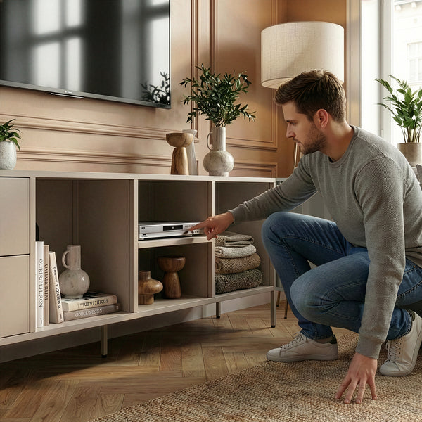 Meuble TV Kliri acier 150 x 35 x 58 cm gris chaud [en.casa]