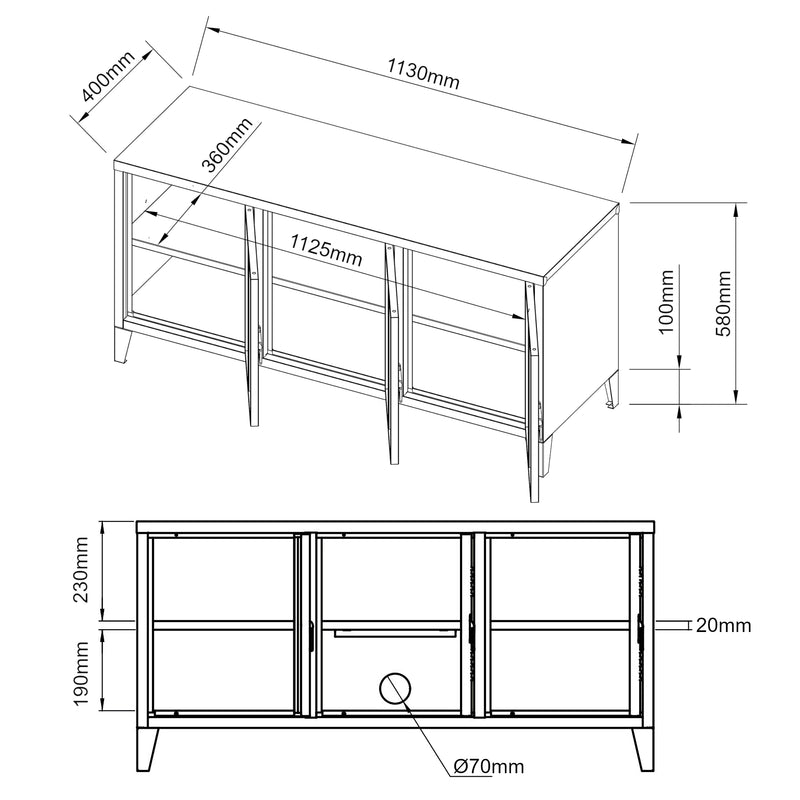 Croquis coté Meuble TV Kotka 58 x 113 x 40 cm [en.casa]