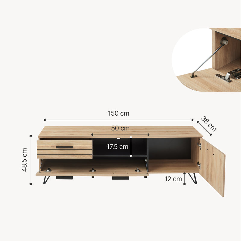 Croquis coté Meuble TV Noppen effet chêne noir [en.casa]