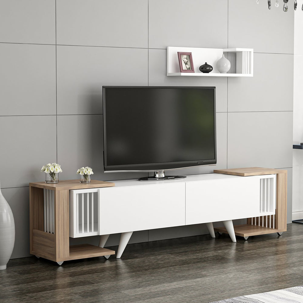 Table TV avec étagère et 2 tables d'appoint Glostrup aspect chêne / blanc [en.casa]