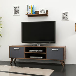 Table TV avec étagère murale Haderslev aspect noyer / anthracite [en.casa]