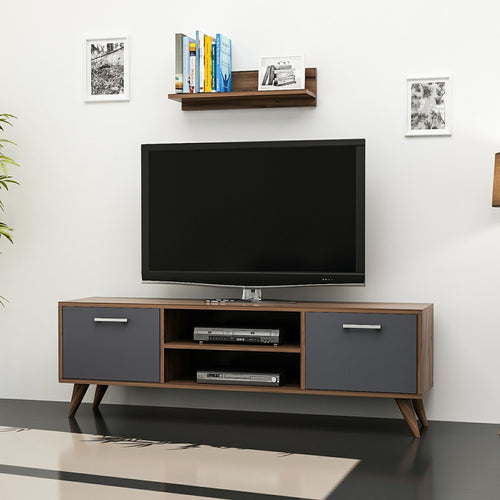 Table TV avec étagère murale Haderslev aspect noyer / anthracite [en.casa]