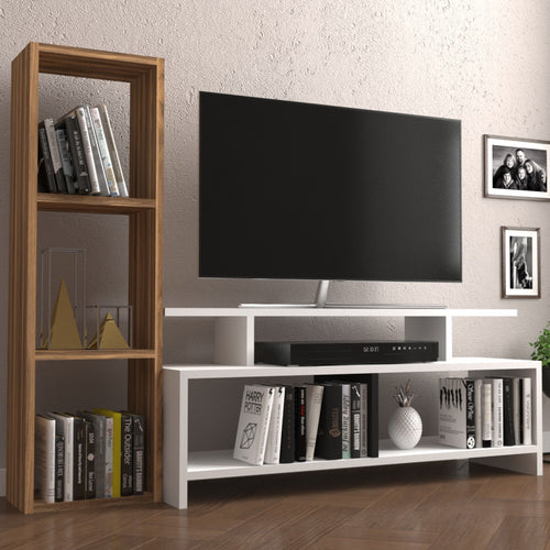 Table TV Klippan avec étagère Blanc / aspect noyer [en.casa]