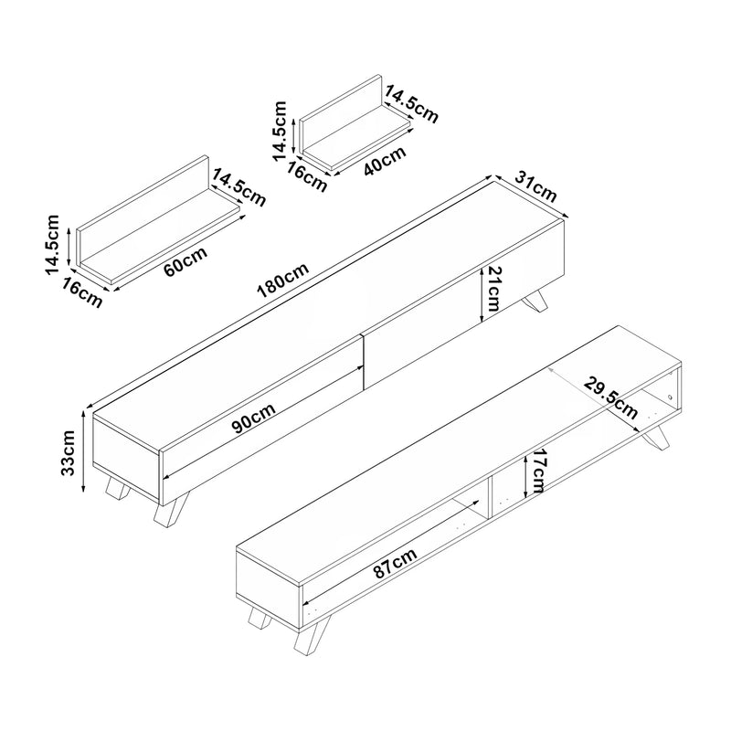 Croquis coté Ensemble meuble TV et 2 étagères Saarijärvi 180 x 31 x 33 cm [en.casa]