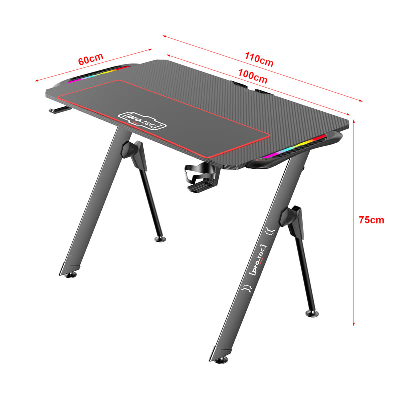 Croquis coté Bureau gaming Stockton avec éclairage LED [pro.tec]