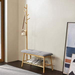 Banc à chaussures avec portemanteau Bygland bambou polyester 165 x 90 x 34 cm naturel gris [en.casa]