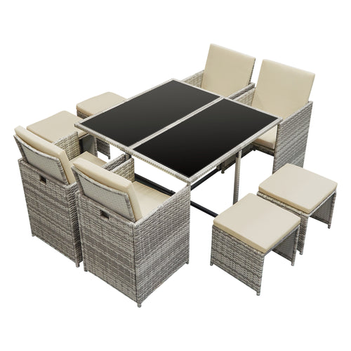 Salon de Jardin de 9 Pièces Cieza Acier Polyrotin Polyester avec Coussins [en.casa]