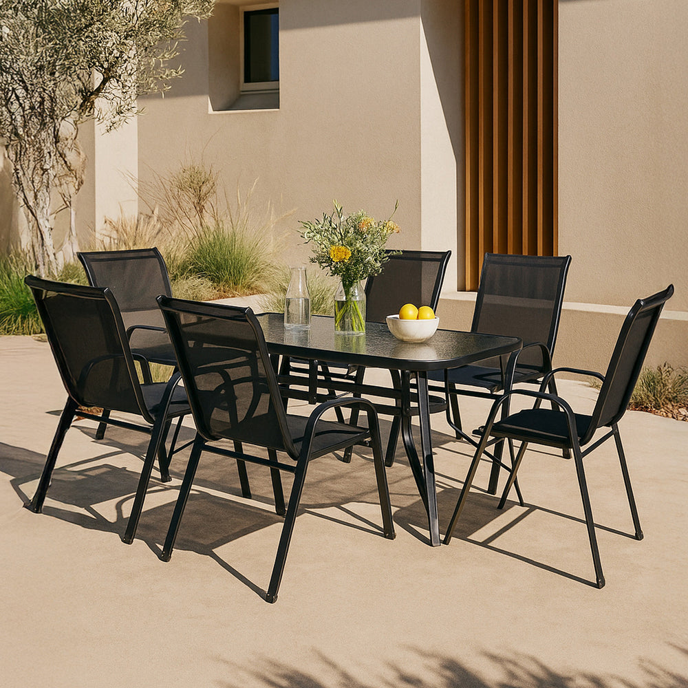Salon de jardin 7 pièces Aradeo avec table à manger et 6 chaises acier verre trempé textilène casa.pro