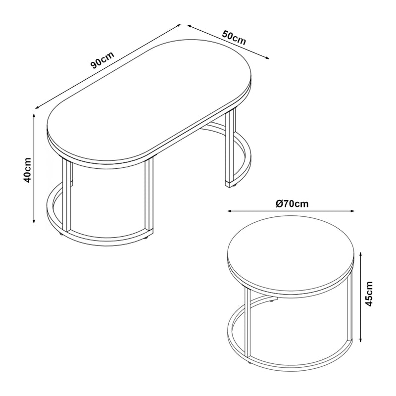 Croquis coté Lot de 2 tables basses Oppeerg gigognes [en.casa] 