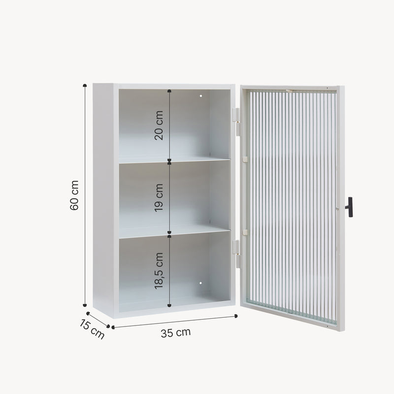 Croquis coté Armoire murale Zundert avec porte en verre strié 60 x 35 x 15 cm acier [en.casa]