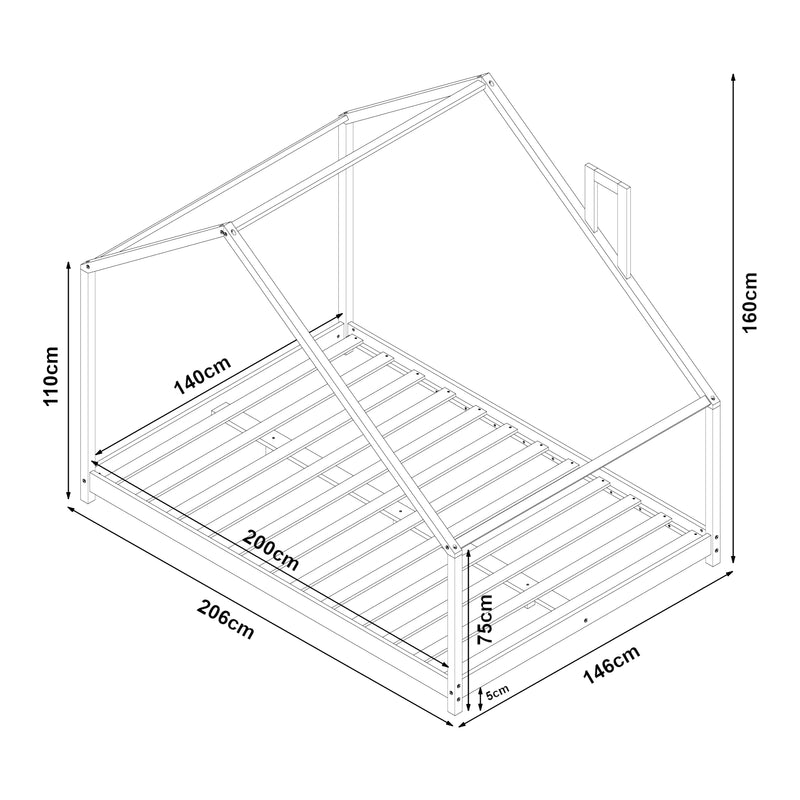 Croquis coté Lit cabane Siuntio avec matelas à mousse froid bois de pin naturel [en.casa]