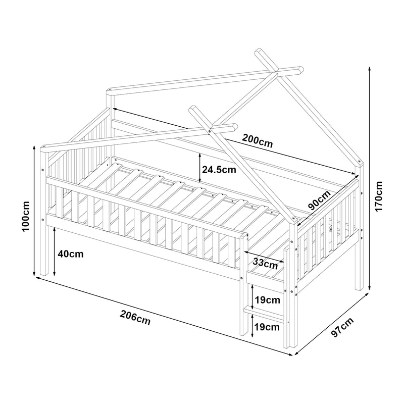 Croquis coté Lit cabane Sotkamo avec matelas à mousse froid 90 x 200 kg [en.casa]