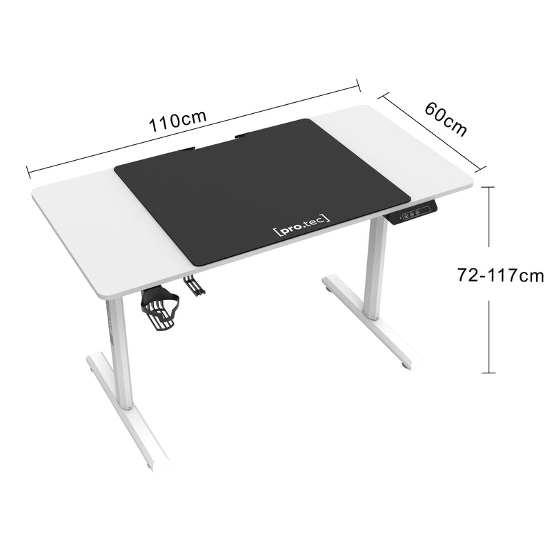 Croquis coté Bureau électrique Pomona à hauteur réglable 110 x 60 x 72 - 117 cm [pro.tec]